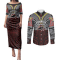 Custom Penrith Panthers Couples Matching Puletasi and Long Sleeve Button Shirt Black Panther Warrior Polynesia Islander Rugby Mascot