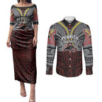 Custom Penrith Panthers Couples Matching Puletasi and Long Sleeve Button Shirt Black Panther Warrior Polynesia Islander Rugby Mascot