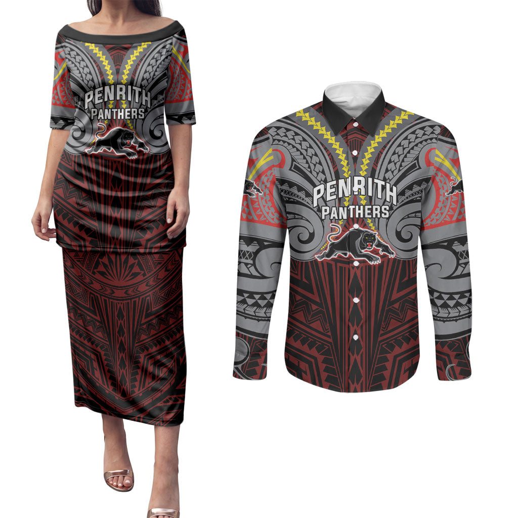Custom Penrith Panthers Couples Matching Puletasi and Long Sleeve Button Shirt Black Panther Warrior Polynesia Islander Rugby Mascot