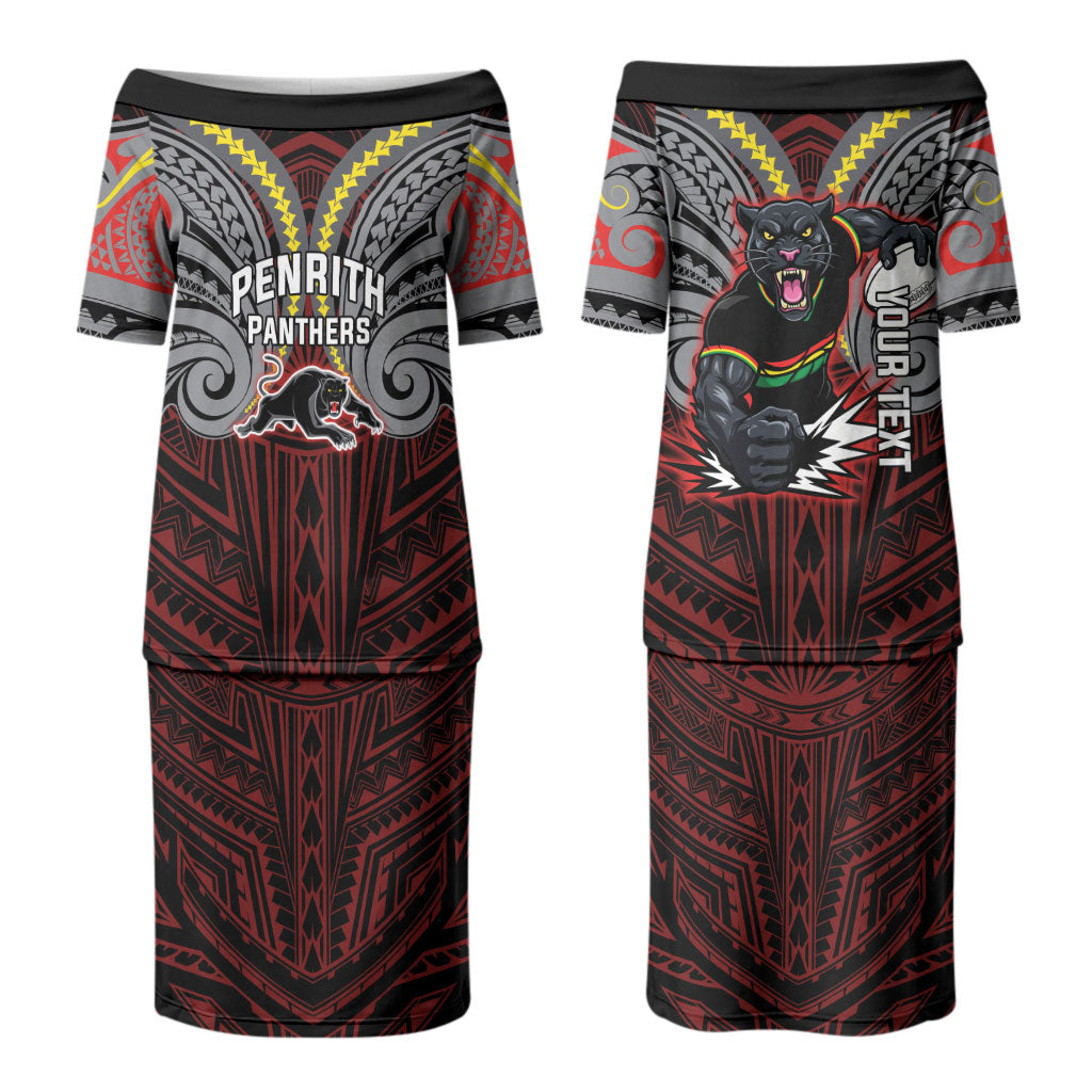 Custom Penrith Panthers Couples Matching Puletasi and Long Sleeve Button Shirt Black Panther Warrior Polynesia Islander Rugby Mascot