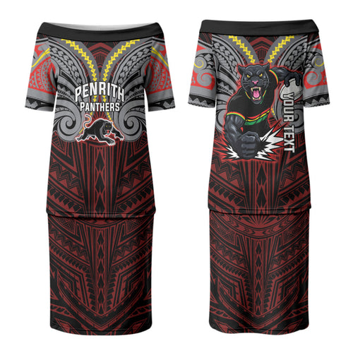 Custom Penrith Panthers Couples Matching Puletasi and Long Sleeve Button Shirt Black Panther Warrior Polynesia Islander Rugby Mascot
