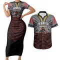 Custom Penrith Panthers Couples Matching Short Sleeve Bodycon Dress and Hawaiian Shirt Black Panther Warrior Polynesia Islander Rugby Mascot