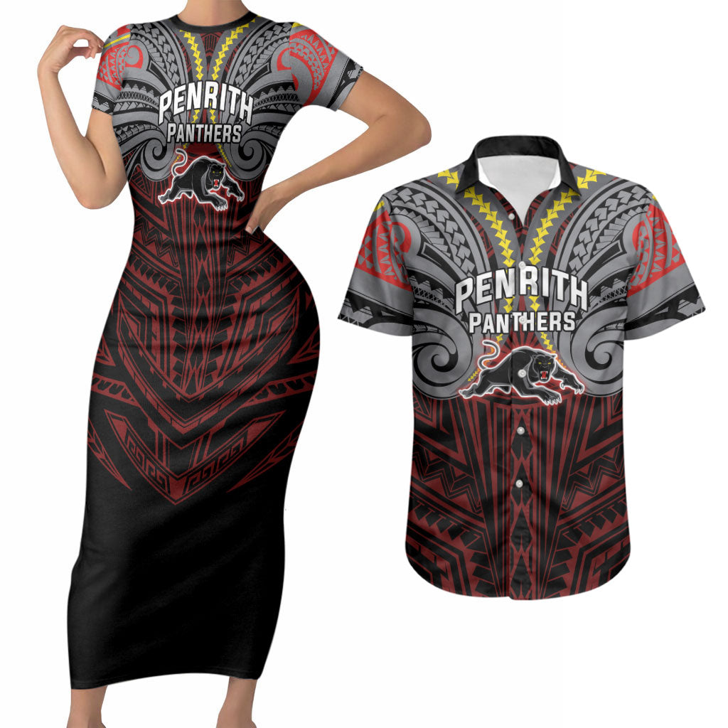 Custom Penrith Panthers Couples Matching Short Sleeve Bodycon Dress and Hawaiian Shirt Black Panther Warrior Polynesia Islander Rugby Mascot