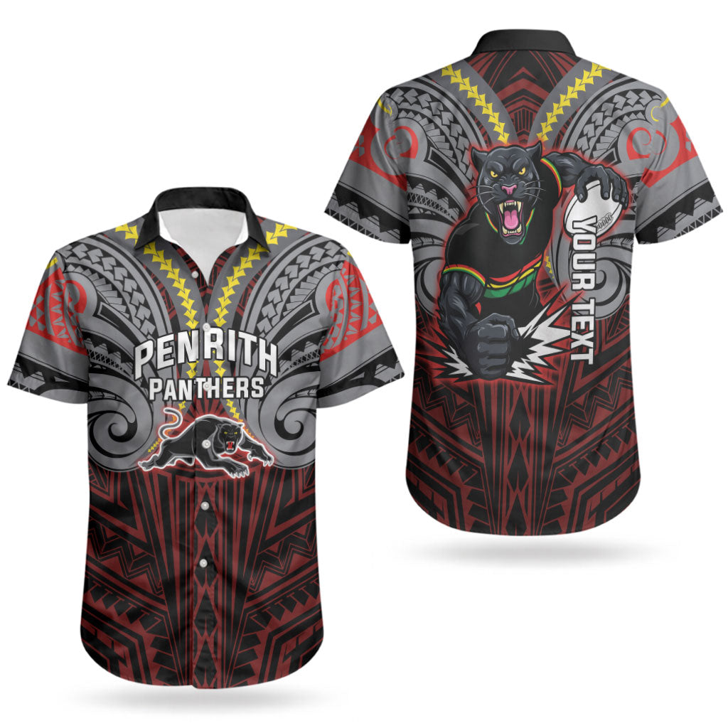 Custom Penrith Panthers Couples Matching Short Sleeve Bodycon Dress and Hawaiian Shirt Black Panther Warrior Polynesia Islander Rugby Mascot