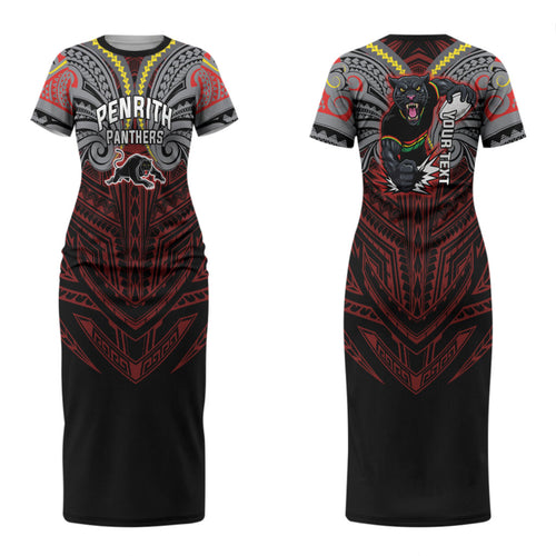 Custom Penrith Panthers Couples Matching Short Sleeve Bodycon Dress and Hawaiian Shirt Black Panther Warrior Polynesia Islander Rugby Mascot