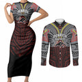 Custom Penrith Panthers Couples Matching Short Sleeve Bodycon Dress and Long Sleeve Button Shirt Black Panther Warrior Polynesia Islander Rugby Mascot