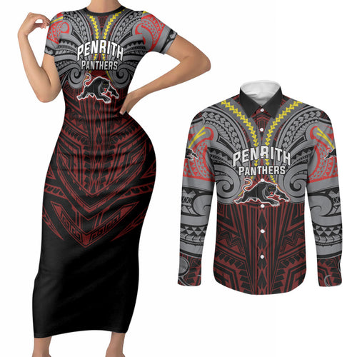 Custom Penrith Panthers Couples Matching Short Sleeve Bodycon Dress and Long Sleeve Button Shirt Black Panther Warrior Polynesia Islander Rugby Mascot