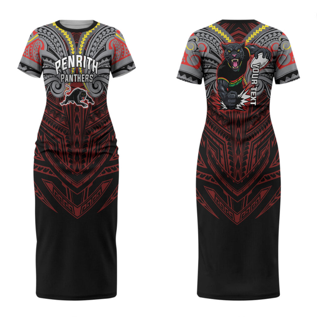 Custom Penrith Panthers Couples Matching Short Sleeve Bodycon Dress and Long Sleeve Button Shirt Black Panther Warrior Polynesia Islander Rugby Mascot
