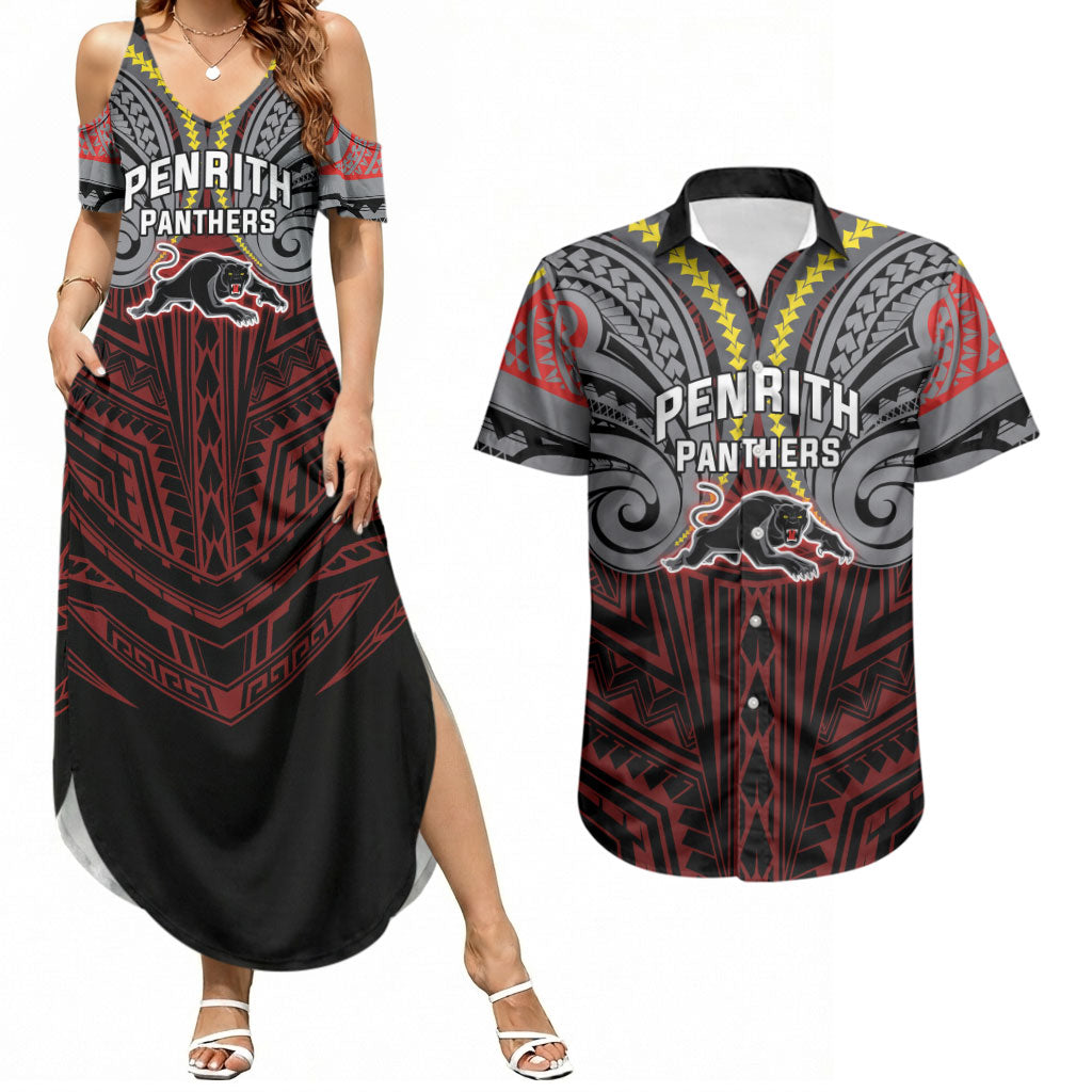 Custom Penrith Panthers Couples Matching Summer Maxi Dress and Hawaiian Shirt Black Panther Warrior Polynesia Islander Rugby Mascot