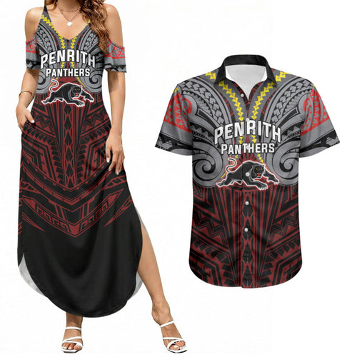 Custom Penrith Panthers Couples Matching Summer Maxi Dress and Hawaiian Shirt Black Panther Warrior Polynesia Islander Rugby Mascot