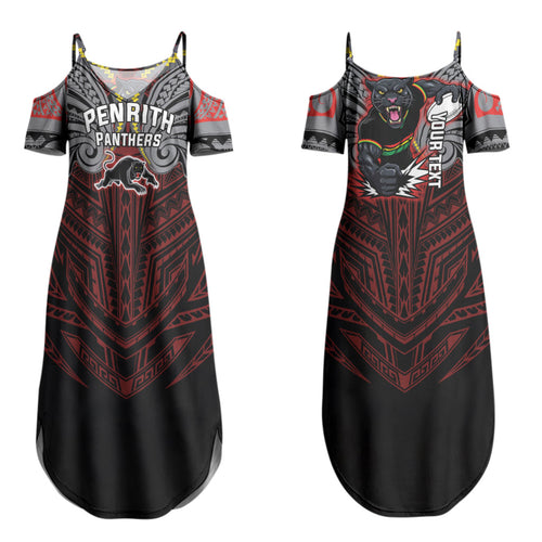 Custom Penrith Panthers Couples Matching Summer Maxi Dress and Hawaiian Shirt Black Panther Warrior Polynesia Islander Rugby Mascot