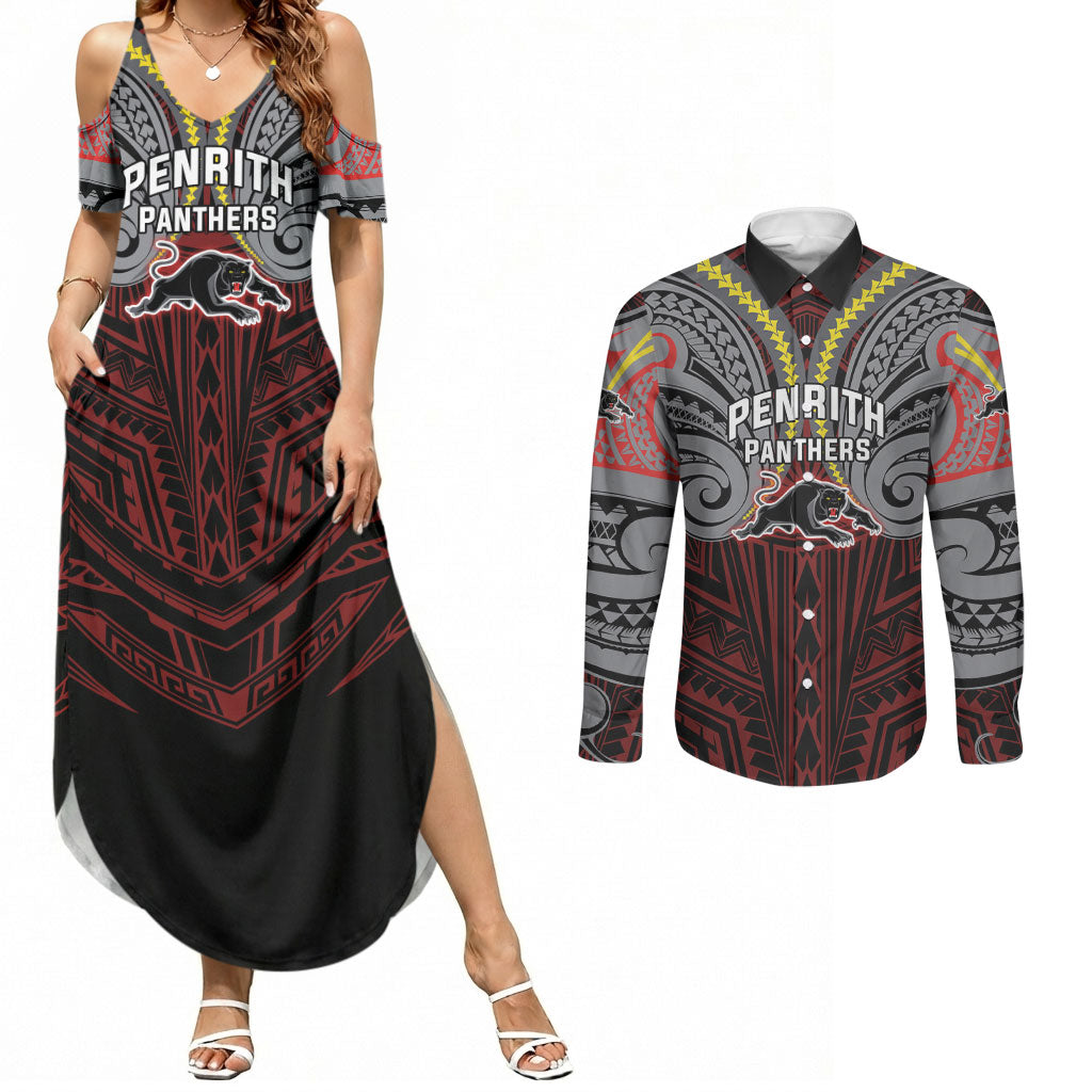 Custom Penrith Panthers Couples Matching Summer Maxi Dress and Long Sleeve Button Shirt Black Panther Warrior Polynesia Islander Rugby Mascot