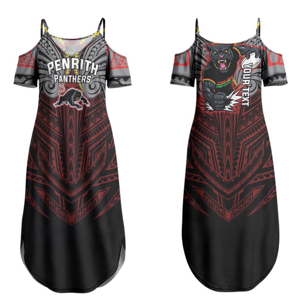 Custom Penrith Panthers Couples Matching Summer Maxi Dress and Long Sleeve Button Shirt Black Panther Warrior Polynesia Islander Rugby Mascot