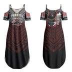 Custom Penrith Panthers Couples Matching Summer Maxi Dress and Long Sleeve Button Shirt Black Panther Warrior Polynesia Islander Rugby Mascot