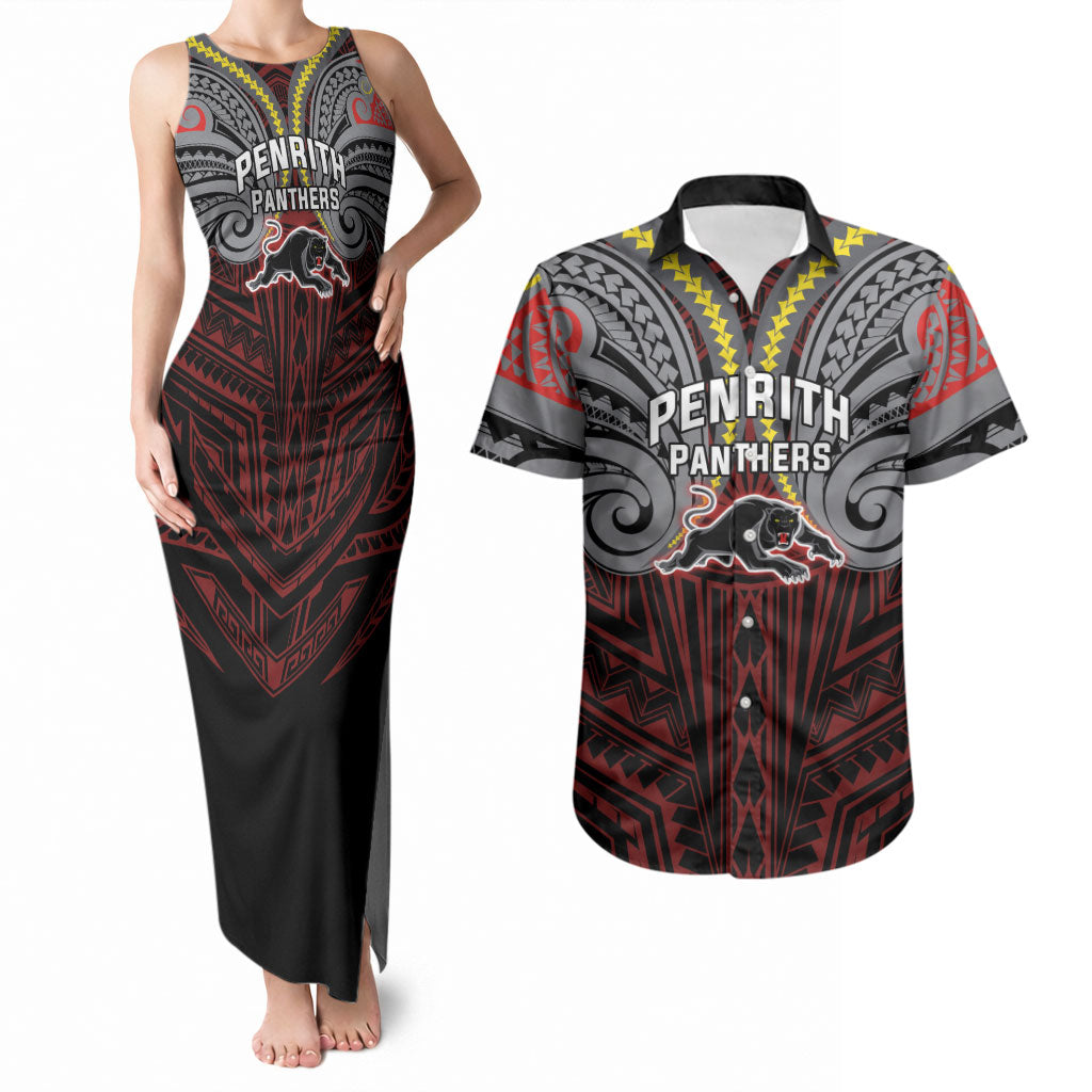 Custom Penrith Panthers Couples Matching Tank Maxi Dress and Hawaiian Shirt Black Panther Warrior Polynesia Islander Rugby Mascot