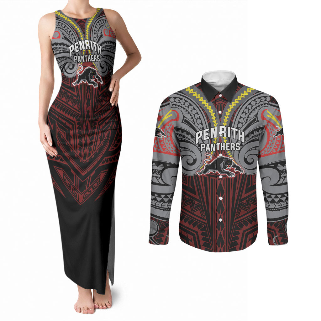 Custom Penrith Panthers Couples Matching Tank Maxi Dress and Long Sleeve Button Shirt Black Panther Warrior Polynesia Islander Rugby Mascot