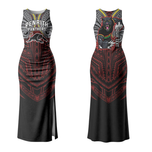 Custom Penrith Panthers Couples Matching Tank Maxi Dress and Long Sleeve Button Shirt Black Panther Warrior Polynesia Islander Rugby Mascot