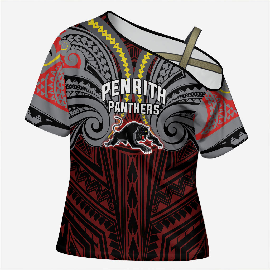 Custom Penrith Panthers Cross Shoulder Shirt Black Panther Warrior Polynesia Islander Rugby Mascot