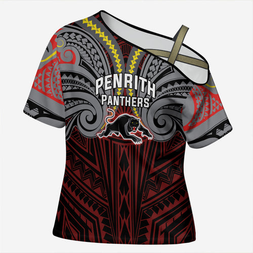 Custom Penrith Panthers Cross Shoulder Shirt Black Panther Warrior Polynesia Islander Rugby Mascot