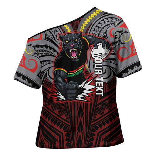 Custom Penrith Panthers Cross Shoulder Shirt Black Panther Warrior Polynesia Islander Rugby Mascot