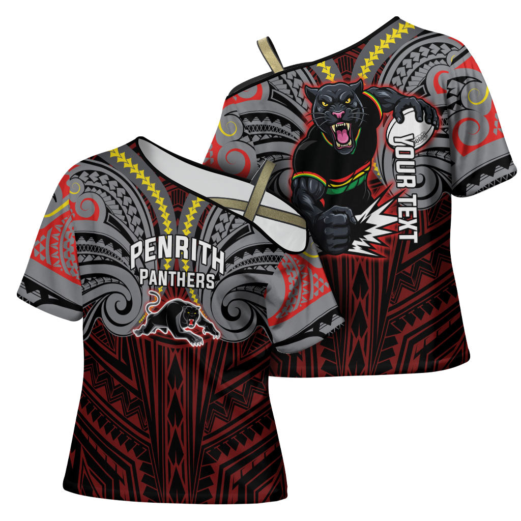 Custom Penrith Panthers Cross Shoulder Shirt Black Panther Warrior Polynesia Islander Rugby Mascot