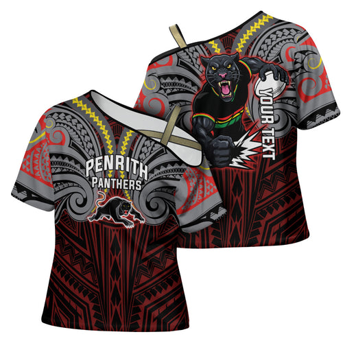 Custom Penrith Panthers Cross Shoulder Shirt Black Panther Warrior Polynesia Islander Rugby Mascot