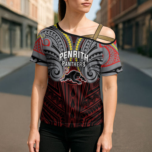 Custom Penrith Panthers Cross Shoulder Shirt Black Panther Warrior Polynesia Islander Rugby Mascot