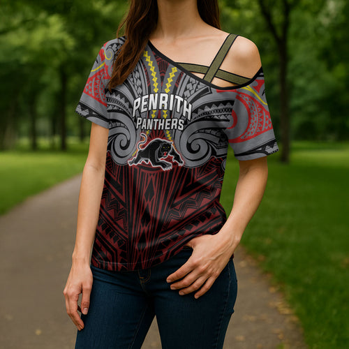 Custom Penrith Panthers Cross Shoulder Shirt Black Panther Warrior Polynesia Islander Rugby Mascot