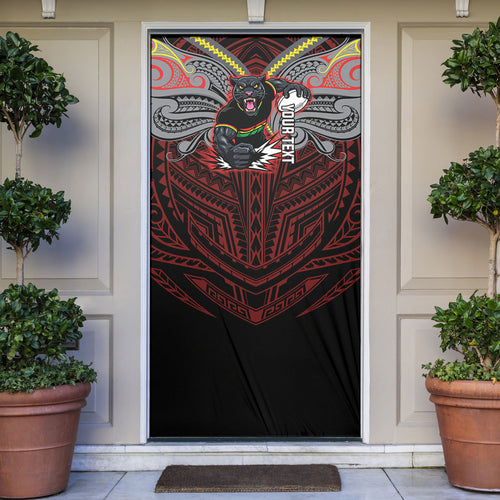 Custom Penrith Panthers Door Cover Black Panther Warrior Polynesia Islander Rugby Mascot