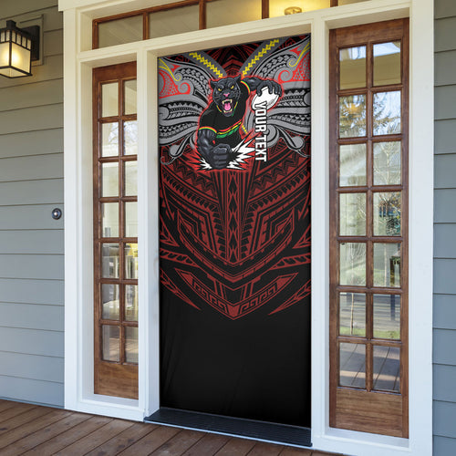 Custom Penrith Panthers Door Cover Black Panther Warrior Polynesia Islander Rugby Mascot