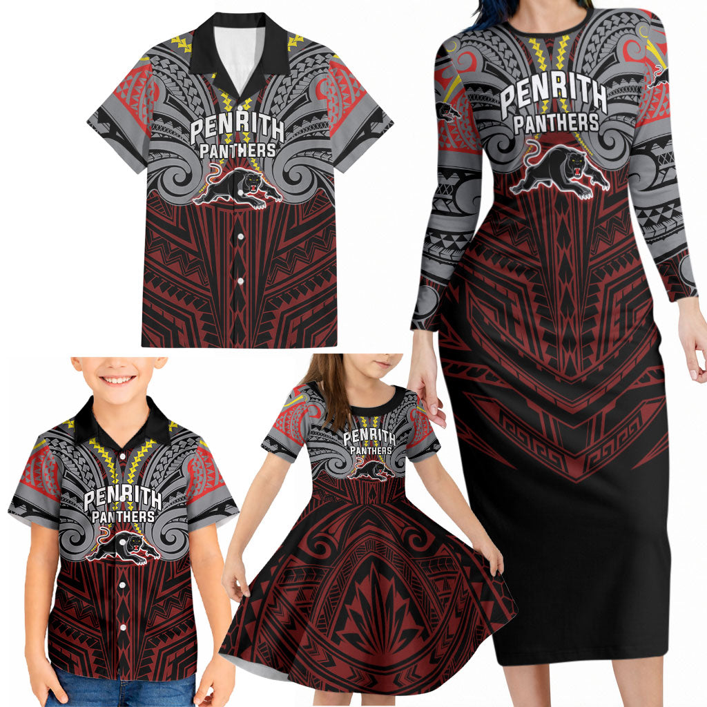 Custom Penrith Panthers Family Matching Long Sleeve Bodycon Dress and Hawaiian Shirt Black Panther Warrior Polynesia Islander Rugby Mascot