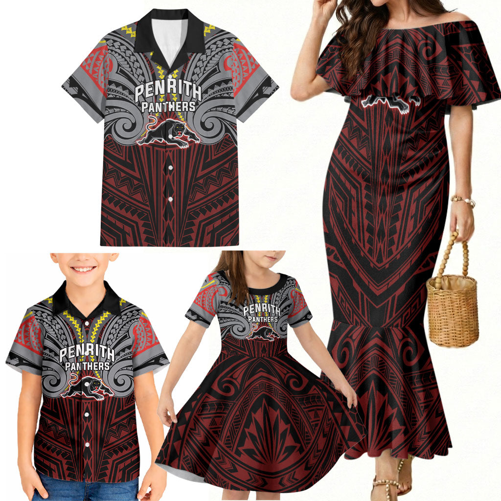 Custom Penrith Panthers Family Matching Mermaid Dress and Hawaiian Shirt Black Panther Warrior Polynesia Islander Rugby Mascot