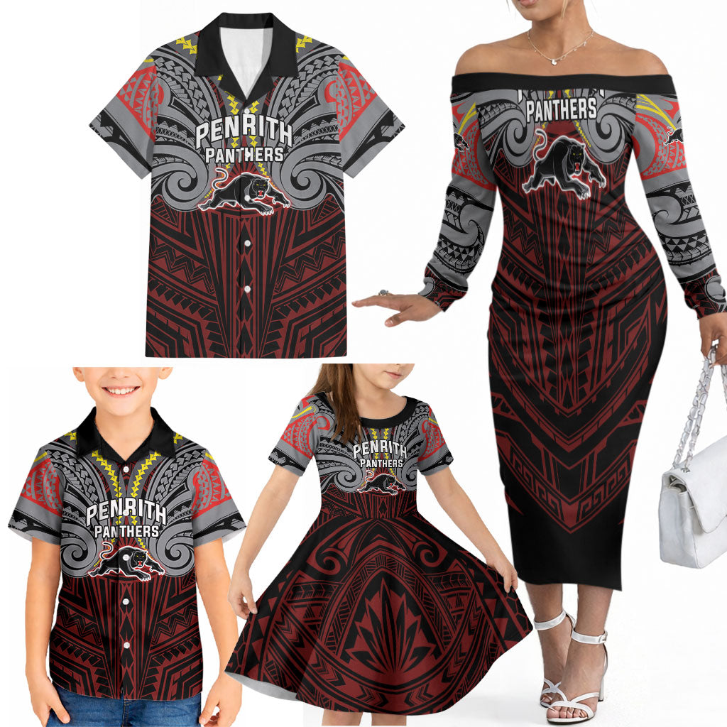 Custom Penrith Panthers Family Matching Off The Shoulder Long Sleeve Dress and Hawaiian Shirt Black Panther Warrior Polynesia Islander Rugby Mascot