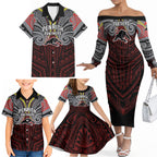 Custom Penrith Panthers Family Matching Off The Shoulder Long Sleeve Dress and Hawaiian Shirt Black Panther Warrior Polynesia Islander Rugby Mascot