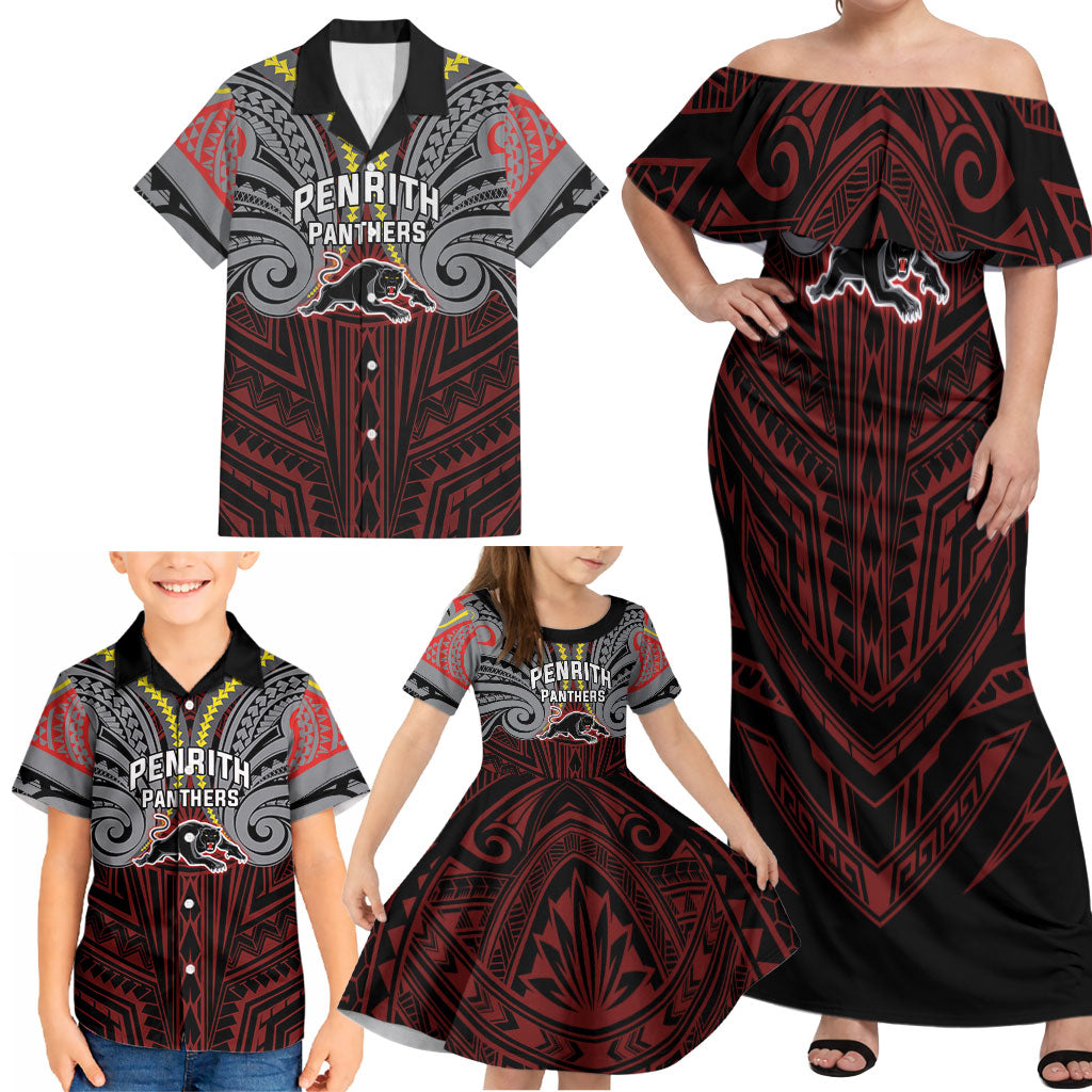 Custom Penrith Panthers Family Matching Off Shoulder Maxi Dress and Hawaiian Shirt Black Panther Warrior Polynesia Islander Rugby Mascot