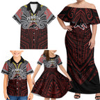 Custom Penrith Panthers Family Matching Off Shoulder Maxi Dress and Hawaiian Shirt Black Panther Warrior Polynesia Islander Rugby Mascot