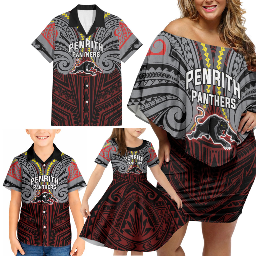 Custom Penrith Panthers Family Matching Off Shoulder Short Dress and Hawaiian Shirt Black Panther Warrior Polynesia Islander Rugby Mascot