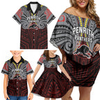 Custom Penrith Panthers Family Matching Off Shoulder Short Dress and Hawaiian Shirt Black Panther Warrior Polynesia Islander Rugby Mascot