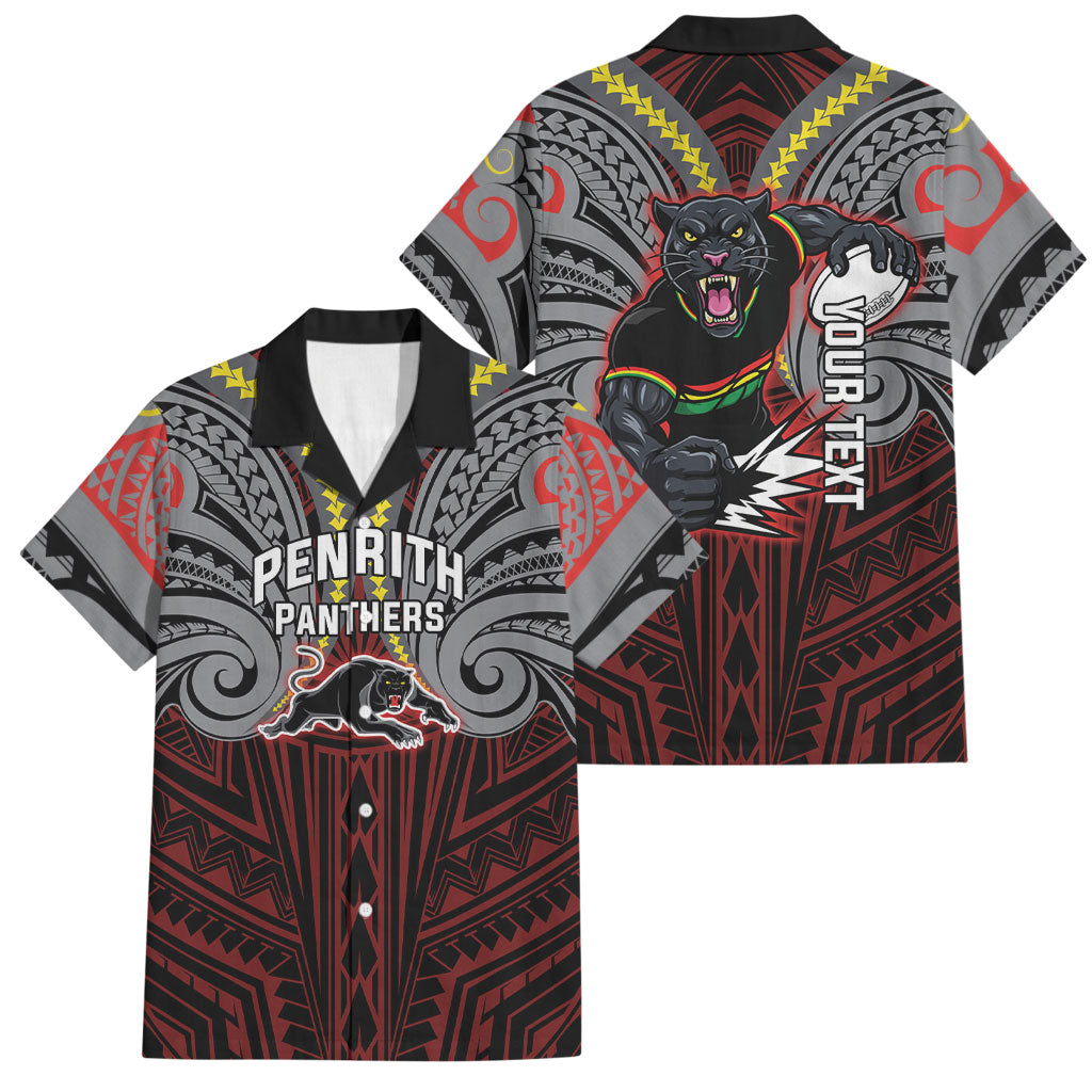 Custom Penrith Panthers Family Matching Off Shoulder Short Dress and Hawaiian Shirt Black Panther Warrior Polynesia Islander Rugby Mascot
