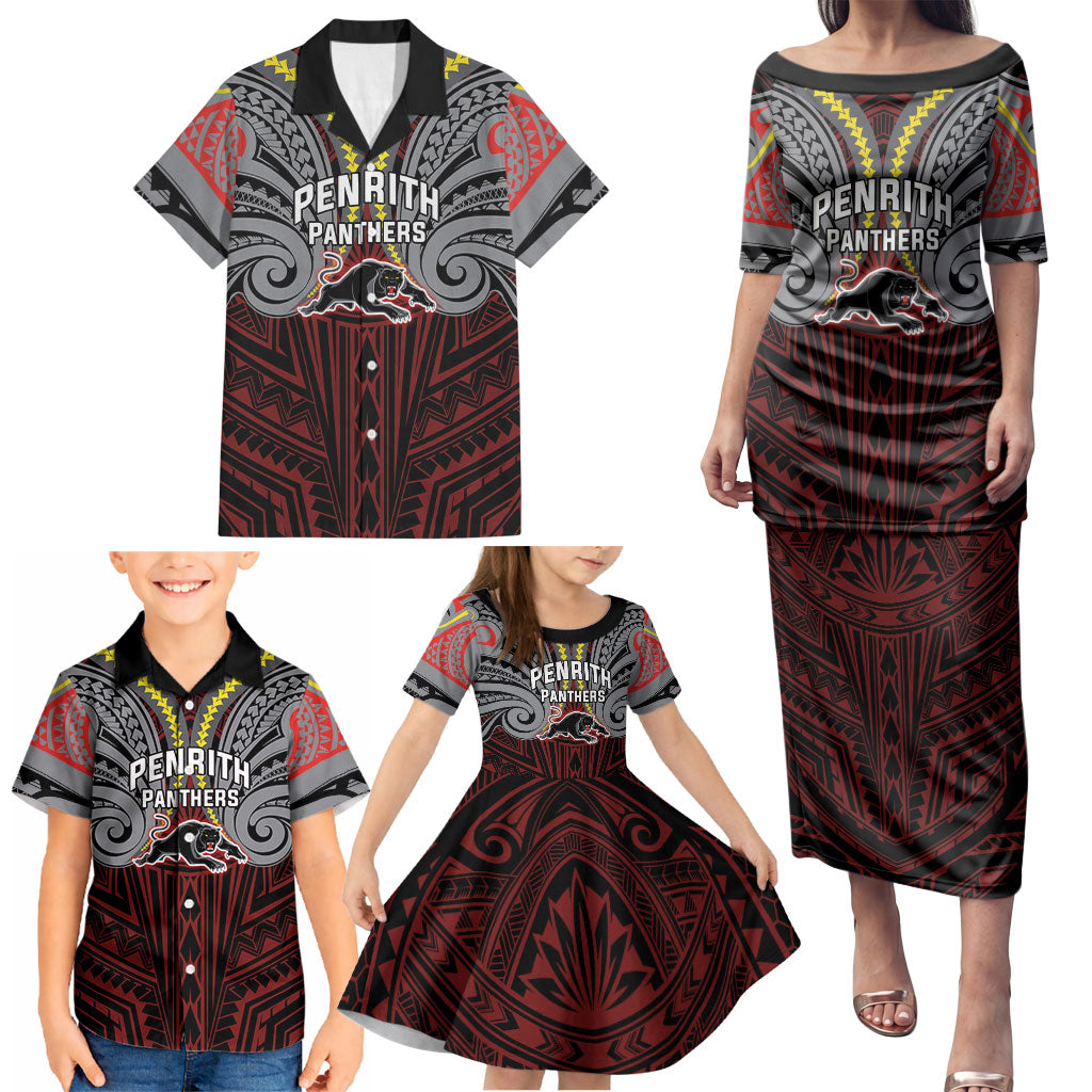 Custom Penrith Panthers Family Matching Puletasi and Hawaiian Shirt Black Panther Warrior Polynesia Islander Rugby Mascot