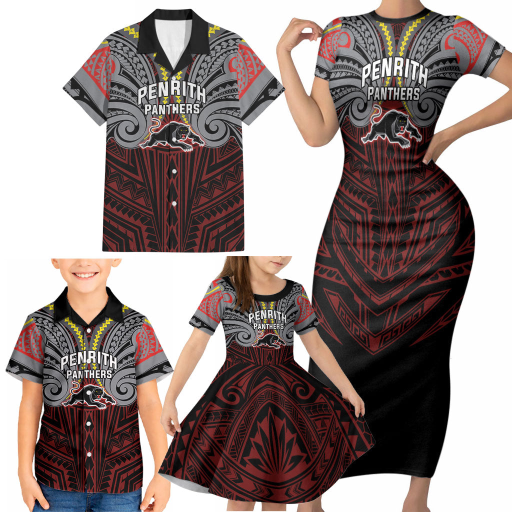 Custom Penrith Panthers Family Matching Short Sleeve Bodycon Dress and Hawaiian Shirt Black Panther Warrior Polynesia Islander Rugby Mascot