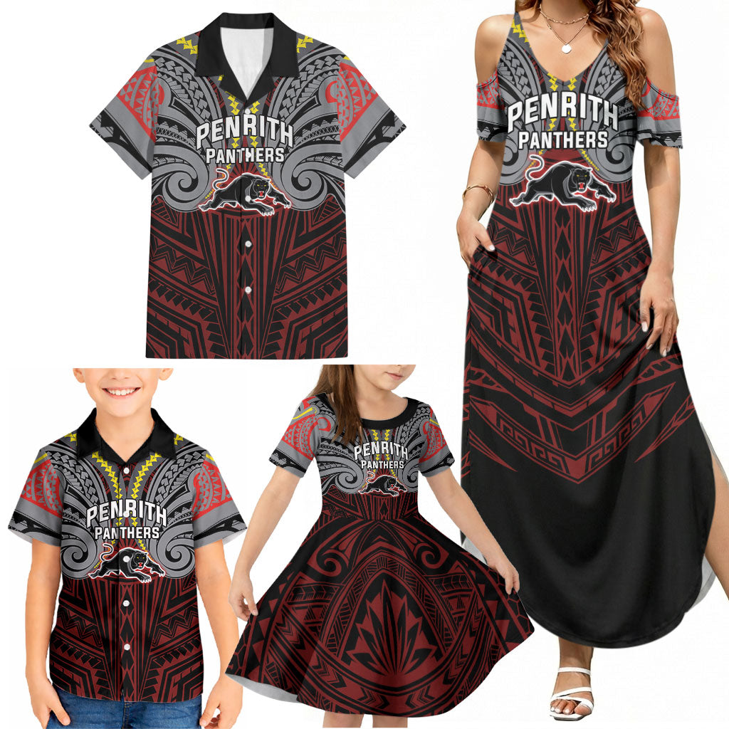 Custom Penrith Panthers Family Matching Summer Maxi Dress and Hawaiian Shirt Black Panther Warrior Polynesia Islander Rugby Mascot
