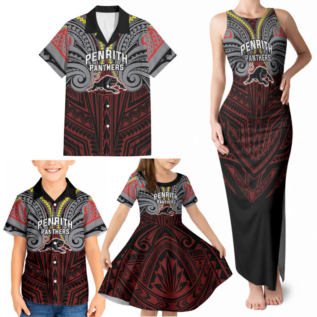 Custom Penrith Panthers Family Matching Tank Maxi Dress and Hawaiian Shirt Black Panther Warrior Polynesia Islander Rugby Mascot