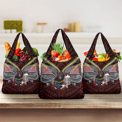 Custom Penrith Panthers Grocery Bag Black Panther Warrior Polynesia Islander Rugby Mascot