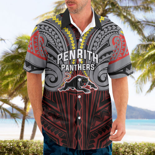 Custom Penrith Panthers Hawaiian Shirt Black Panther Warrior Polynesia Islander Rugby Mascot