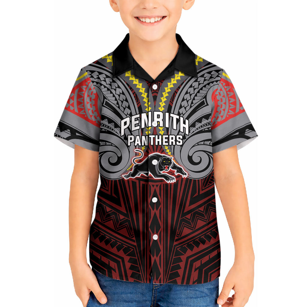 Custom Penrith Panthers Kid Hawaiian Shirt Black Panther Warrior Polynesia Islander Rugby Mascot