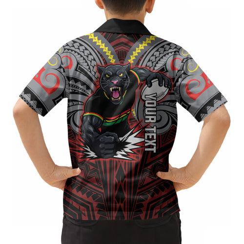 Custom Penrith Panthers Kid Hawaiian Shirt Black Panther Warrior Polynesia Islander Rugby Mascot