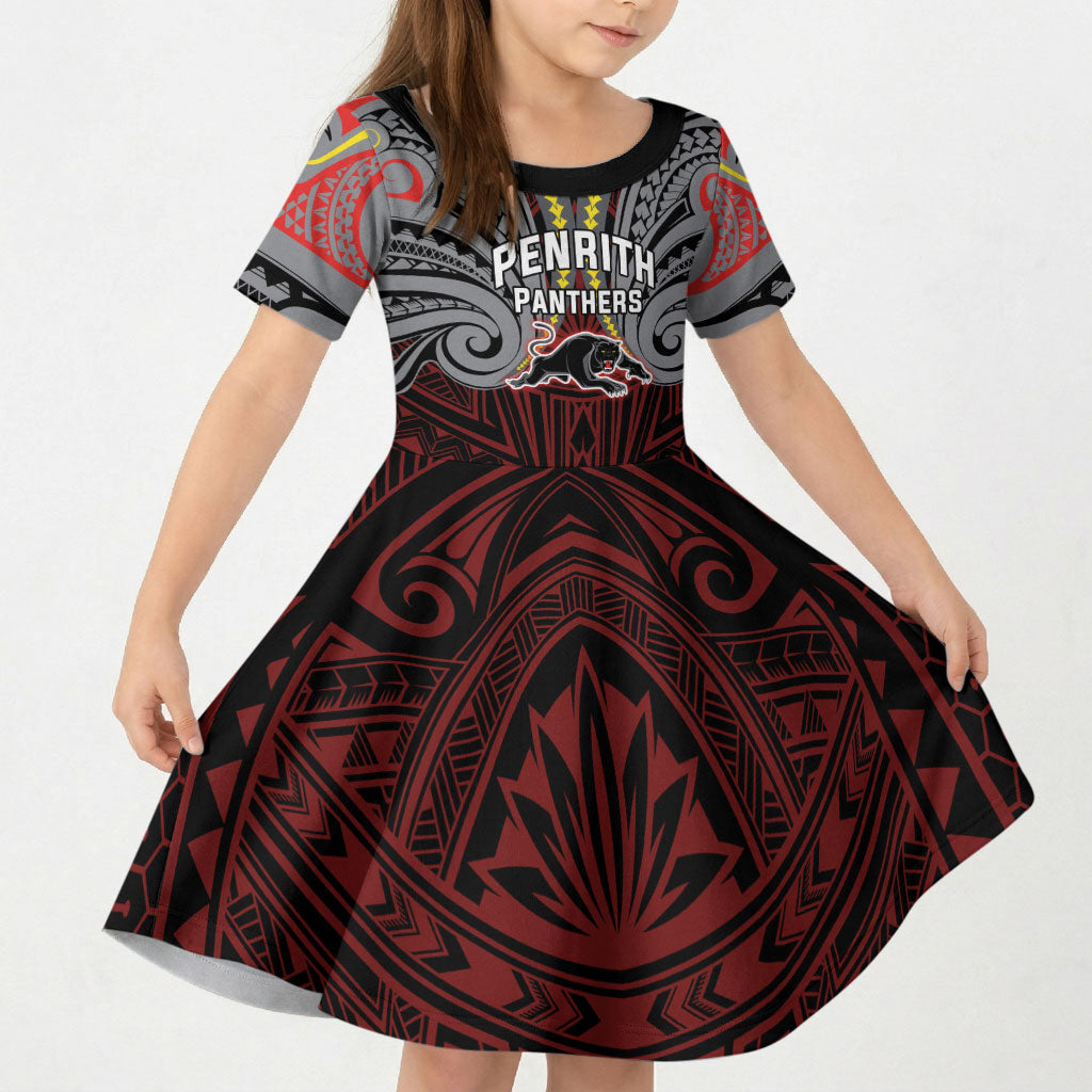 Custom Penrith Panthers Kid Short Sleeve Dress Black Panther Warrior Polynesia Islander Rugby Mascot