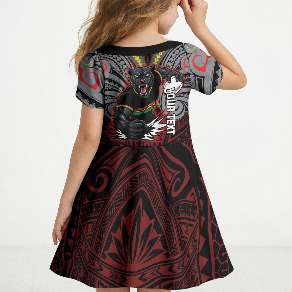 Custom Penrith Panthers Kid Short Sleeve Dress Black Panther Warrior Polynesia Islander Rugby Mascot