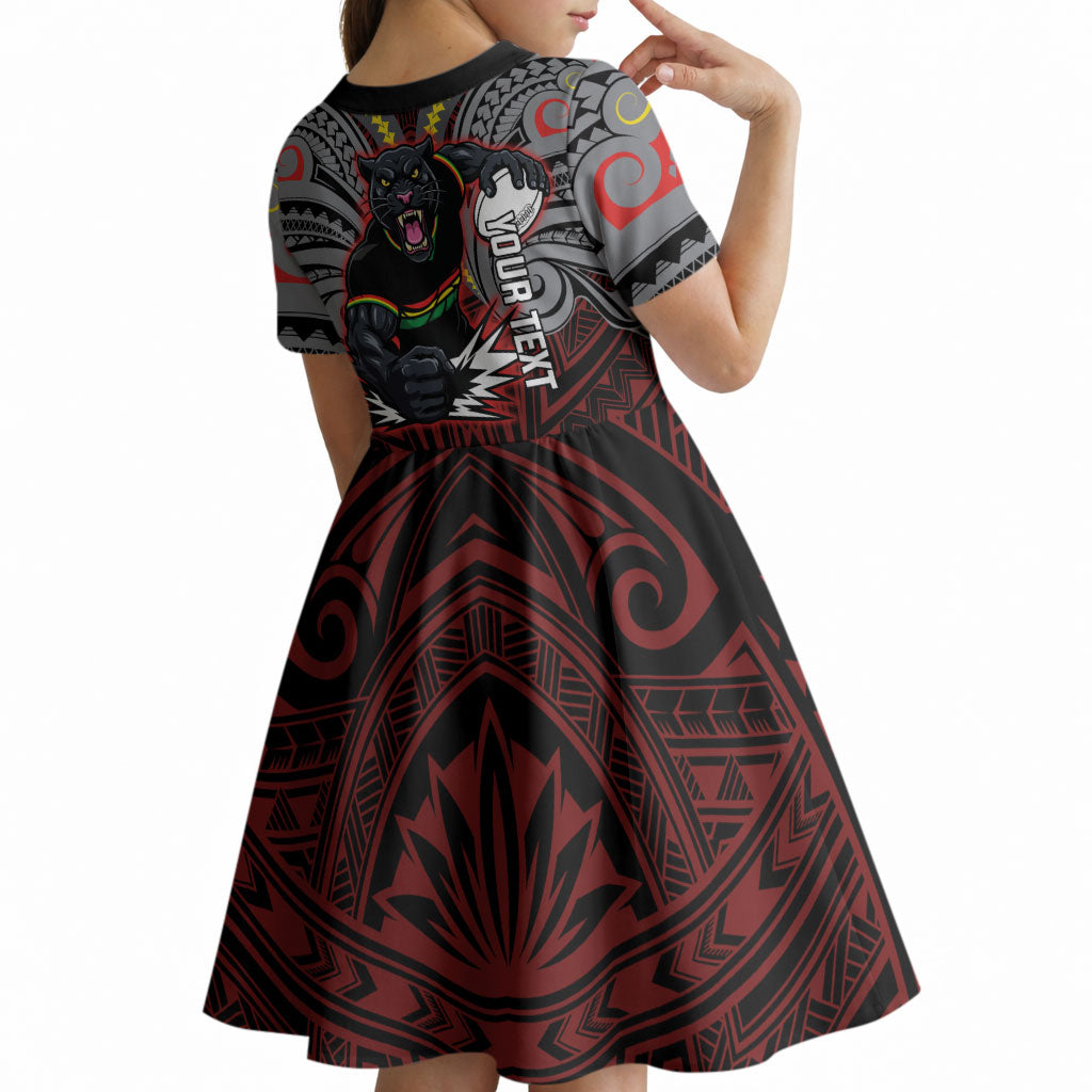 Custom Penrith Panthers Kid Short Sleeve Dress Black Panther Warrior Polynesia Islander Rugby Mascot